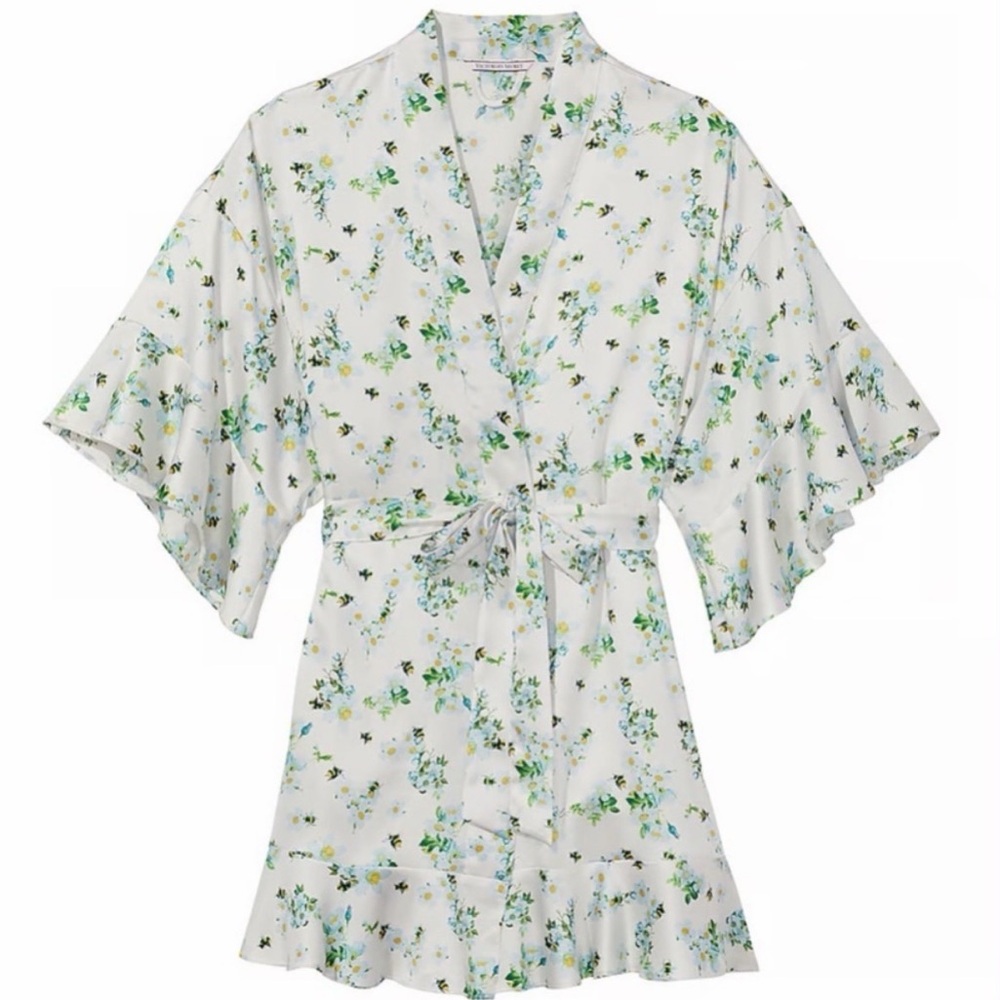Victoria's Secret Satin Flounce Robe Feminine Floral Bridal Lingerie Spring M/L